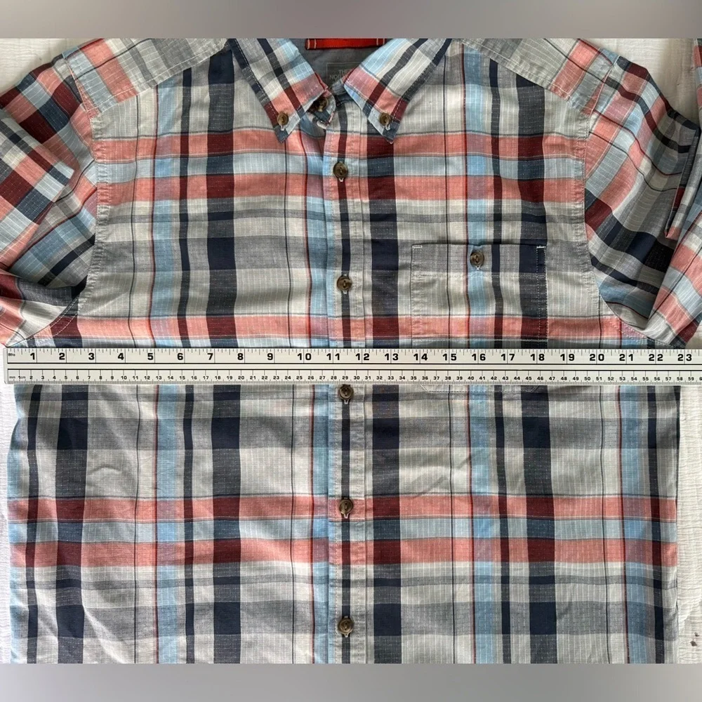 NWOT The North Face Plaid Button-Down Shirt L Red Gray Blue w Hidden Neck Pocket